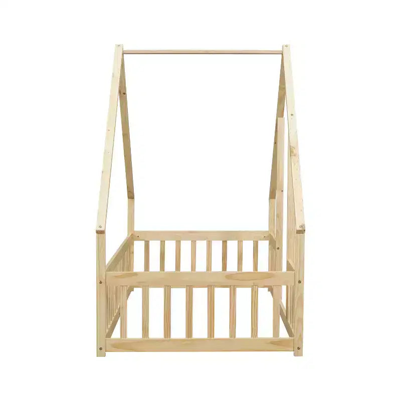 Lit de sol MAYEERTY jumeau en bois en forme de maison avec clôture et garde-corps, beige