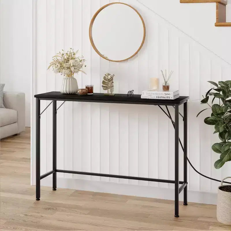 DobleePy Console Table de 99 cm noire avec station de charge, table d'entrée étroite avec pieds en métal pour couloir, dos de canapé, appartement