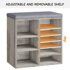 Banc à chaussures avec siège rembourré, banc de rangement à chaussures avec étagères réglables et poches latérales, organisateur de rangement à 5 casiers pour entrée, porche, buanderie