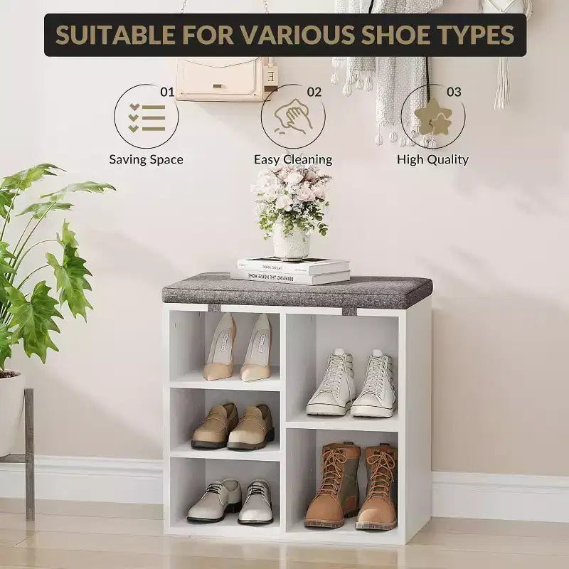 Banc à chaussures avec siège rembourré, banc de rangement à chaussures avec étagères réglables et poches latérales, organisateur de rangement à 5 casiers pour entrée, porche, buanderie