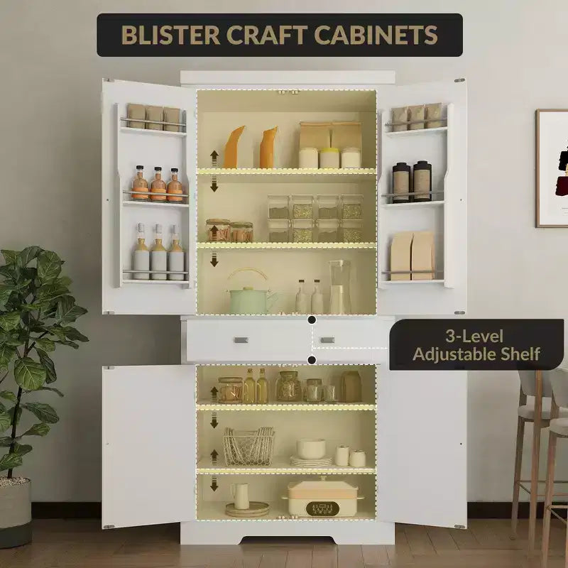 Meuble de rangement haut de cuisine de 71,7 po, buffet de rangement autoportant avec étagères réglables, vaisselier en bois