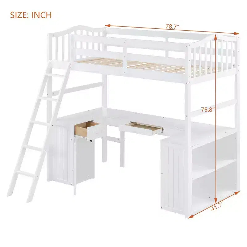 Lit mezzanine double Whisen Modern Design en bois avec tiroirs, armoire, étagères et bureau - Blanc