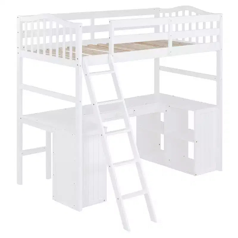 Lit mezzanine double Whisen Modern Design en bois avec tiroirs, armoire, étagères et bureau - Blanc