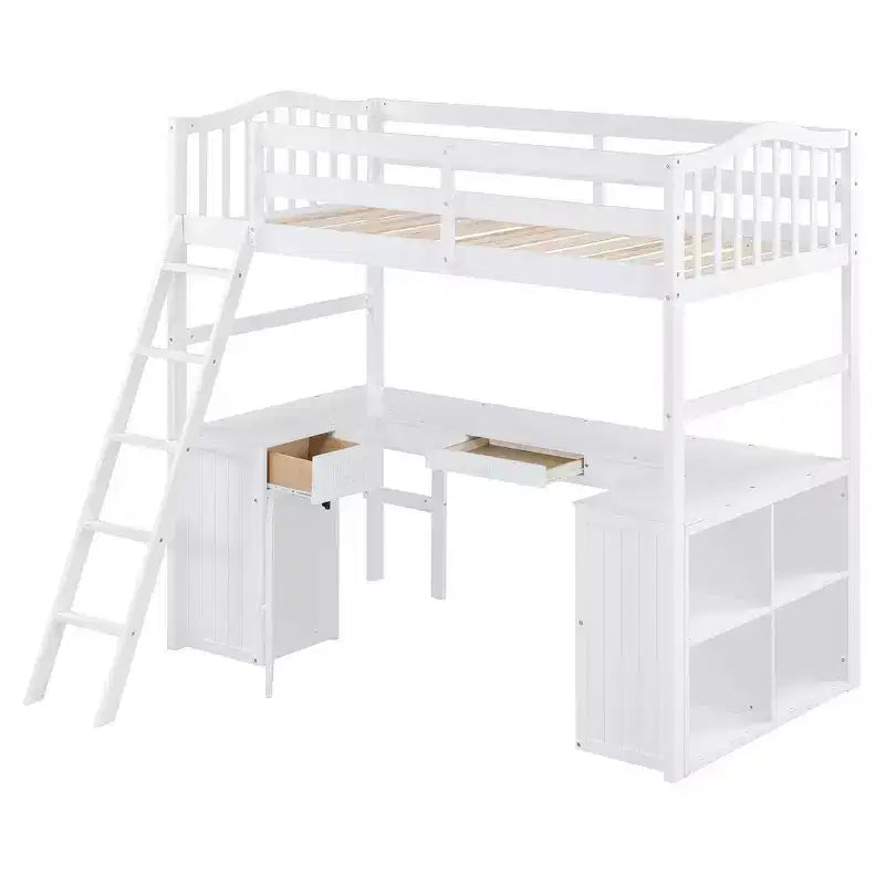 Lit mezzanine double Whisen Modern Design en bois avec tiroirs, armoire, étagères et bureau - Blanc