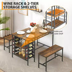 Ensemble table et chaises de salle à manger CuisinSmart pour 4 personnes, table de cuisine avec 2 bancs, ensemble de salle à manger avec porte-bouteilles, marron, noir, gris