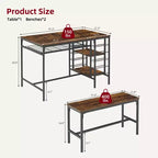 Ensemble table et chaises de salle à manger CuisinSmart pour 4 personnes, table de cuisine avec 2 bancs, ensemble de salle à manger avec porte-bouteilles, marron, noir, gris