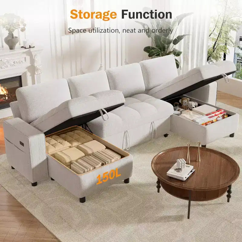 Canapé d'angle modulable 4 places Dyonery 108 avec ports USB/dossier réglable/2 sièges de rangement