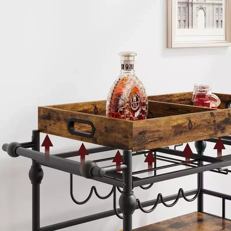Acekool Chariot de Bar pour la Maison, Chariot Roulant à 3 Niveaux avec Plateau Amovible, Cadre en Métal Gris Marron, Étagères de Rangement pour Cuisine Salle à Manger