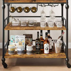 Acekool Chariot de Bar pour la Maison, Chariot Roulant à 3 Niveaux avec Plateau Amovible, Cadre en Métal Gris Marron, Étagères de Rangement pour Cuisine Salle à Manger