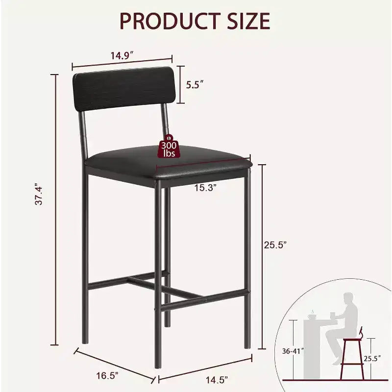 Lot de tabourets de bar, tabourets de bar rembourrés avec pieds en métal, repose-pieds et dossier, assise en PU, chaises hauteur cuisine