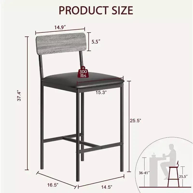 Lot de tabourets de bar, tabourets de bar rembourrés avec pieds en métal, repose-pieds et dossier, assise en PU, chaises hauteur cuisine
