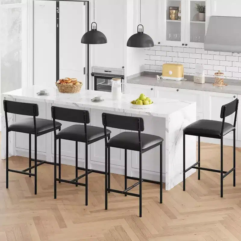 Bar Stools Set of , Upholstered Barstools with Metal Legs, Footrest & Backrest, PU Seat, Kitchen Height Chairs