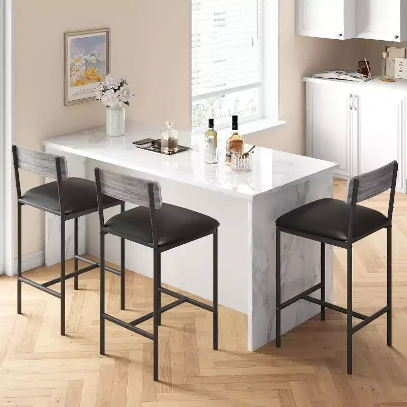 Lot de tabourets de bar, tabourets de bar rembourrés avec pieds en métal, repose-pieds et dossier, assise en PU, chaises hauteur cuisine