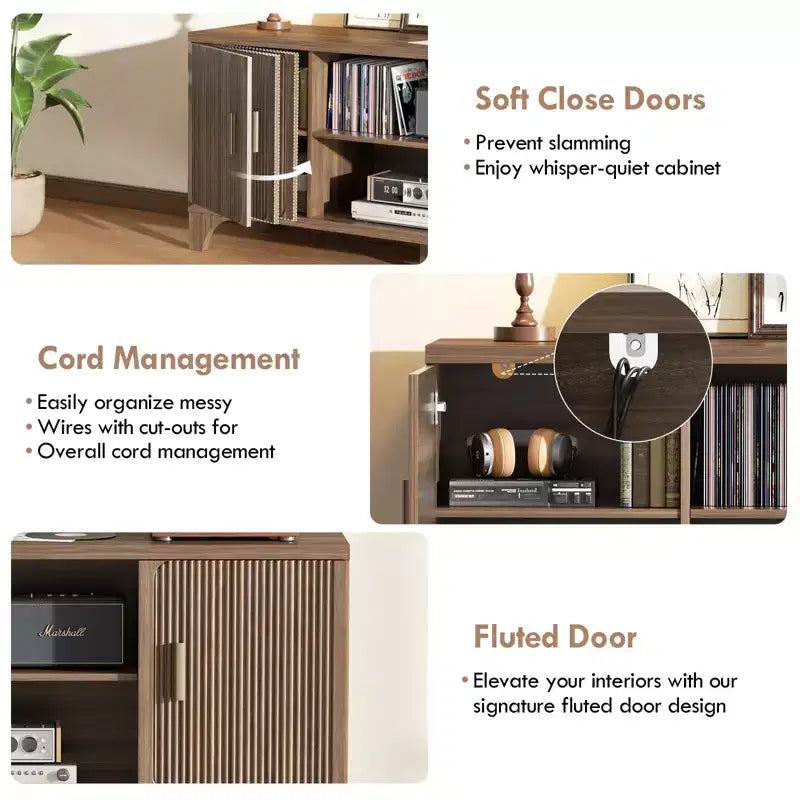 Meuble TV scandinave pour téléviseur 65 pouces avec portes à fermeture amortie, finition noyer
