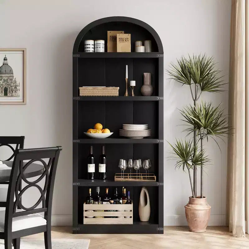 GustoWave Étagère à Livres Cintrée à 5 Niveaux, Bibliothèque Haute de 182 cm, Étagère de Rangement Style Ferme, Noir