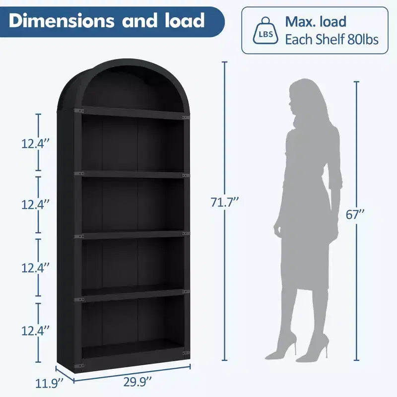 GustoWave Étagère à Livres Cintrée à 5 Niveaux, Bibliothèque Haute de 182 cm, Étagère de Rangement Style Ferme, Noir