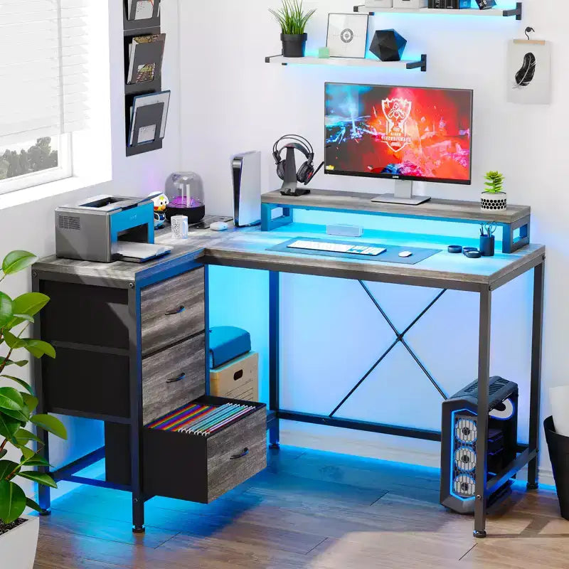 CuisinSmart Bureau d'angle en L de 43 pouces, bureau de gaming à 3 tiroirs avec étagères de rangement et support d'écran, bureau réversible pour la maison ou le bureau