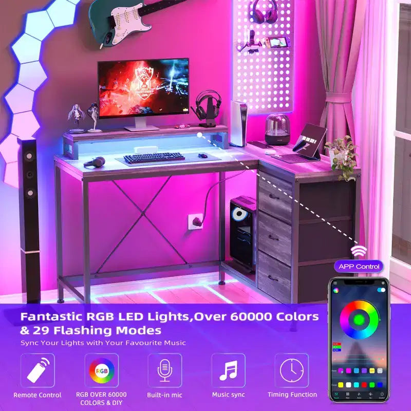 CuisinSmart Bureau d'angle en L de 43 pouces, bureau de gaming à 3 tiroirs avec étagères de rangement et support d'écran, bureau réversible pour la maison ou le bureau