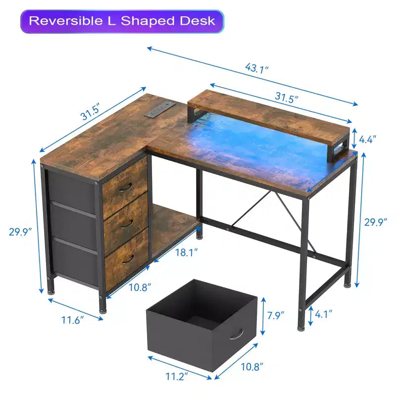 CuisinSmart Bureau d'angle en L de 43 pouces, bureau de gaming à 3 tiroirs avec étagères de rangement et support d'écran, bureau réversible pour la maison ou le bureau