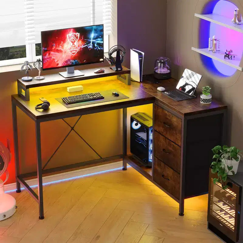 CuisinSmart Bureau d'angle en L de 43 pouces, bureau de gaming à 3 tiroirs avec étagères de rangement et support d'écran, bureau réversible pour la maison ou le bureau