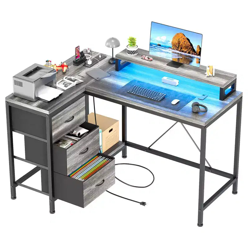CuisinSmart Bureau d'angle en L de 43 pouces, bureau de gaming à 3 tiroirs avec étagères de rangement et support d'écran, bureau réversible pour la maison ou le bureau