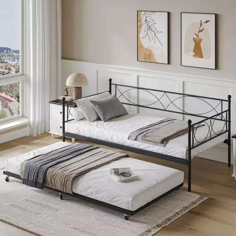 GustoWave Metal Day Bed Twin Trundle Bed Frame, with Premium Steel Slat Support