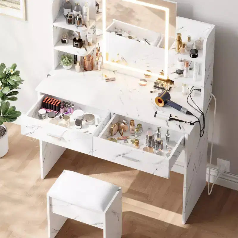 Coiffeuse GustoWave avec miroir et lumières, ensemble de coiffeuse de maquillage avec tabouret rembourré, prise de courant, 6 étagères de rangement, 2 tiroirs