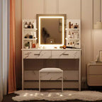 Coiffeuse GustoWave avec miroir et lumières, ensemble de coiffeuse de maquillage avec tabouret rembourré, prise de courant, 6 étagères de rangement, 2 tiroirs