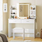 Coiffeuse GustoWave avec miroir et lumières, ensemble de coiffeuse de maquillage avec tabouret rembourré, prise de courant, 6 étagères de rangement, 2 tiroirs