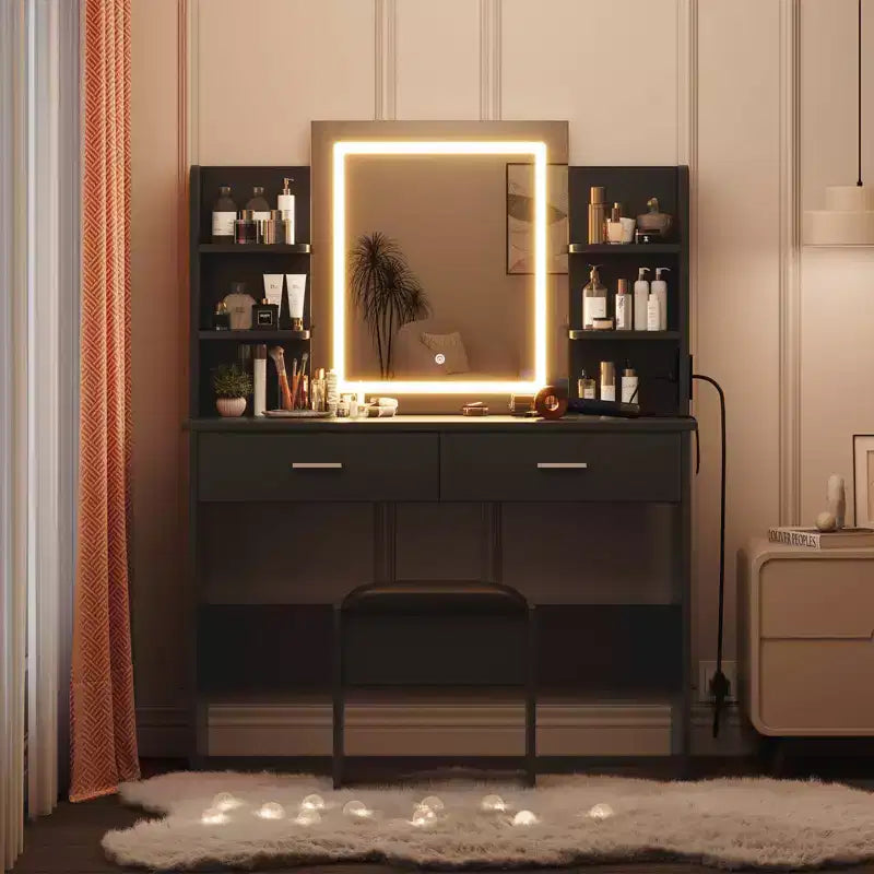 Coiffeuse GustoWave avec miroir et lumières, ensemble de coiffeuse de maquillage avec tabouret rembourré, prise de courant, 6 étagères de rangement, 2 tiroirs
