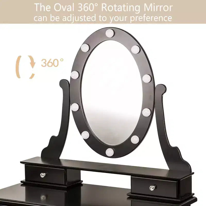 GustoWave Coiffeuse, Coiffeuse avec Miroir Lumineux et Ensemble Table avec 5 Tiroirs, Table de Maquillage en Bois avec Miroir Ovale et Tabouret pour Chambre à Coucher
