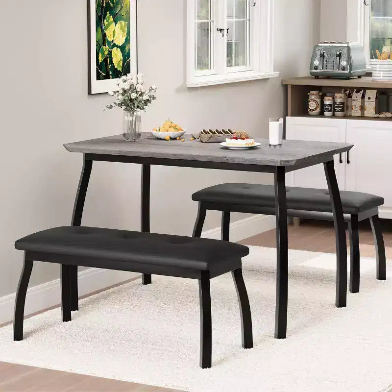 Ensemble table à manger CuisinSmart pour 4, table de cuisine avec 2 bancs rembourrés, ensemble de salle à manger 3 pièces pour petit espace