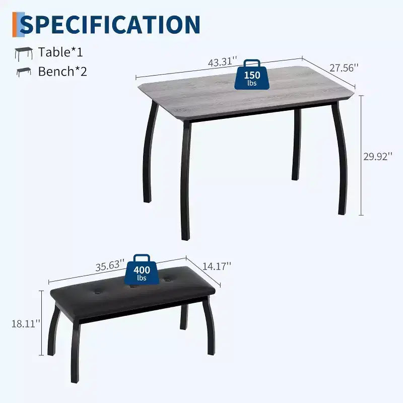 Ensemble table à manger CuisinSmart pour 4, table de cuisine avec 2 bancs rembourrés, ensemble de salle à manger 3 pièces pour petit espace