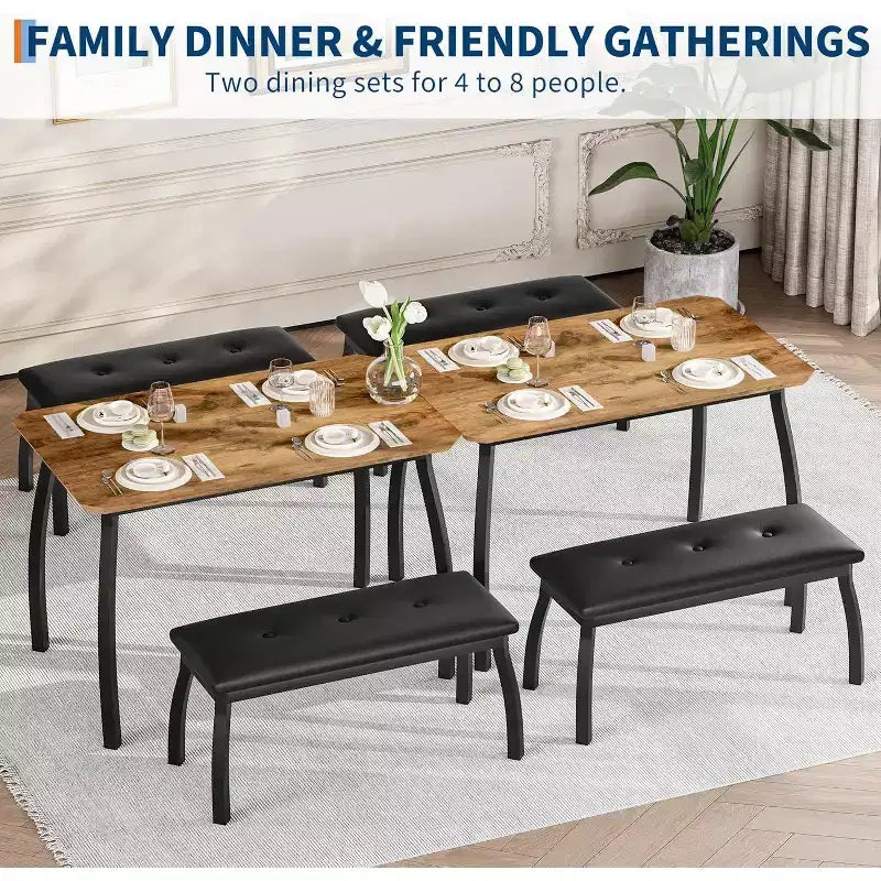 Ensemble table à manger CuisinSmart pour 4, table de cuisine avec 2 bancs rembourrés, ensemble de salle à manger 3 pièces pour petit espace