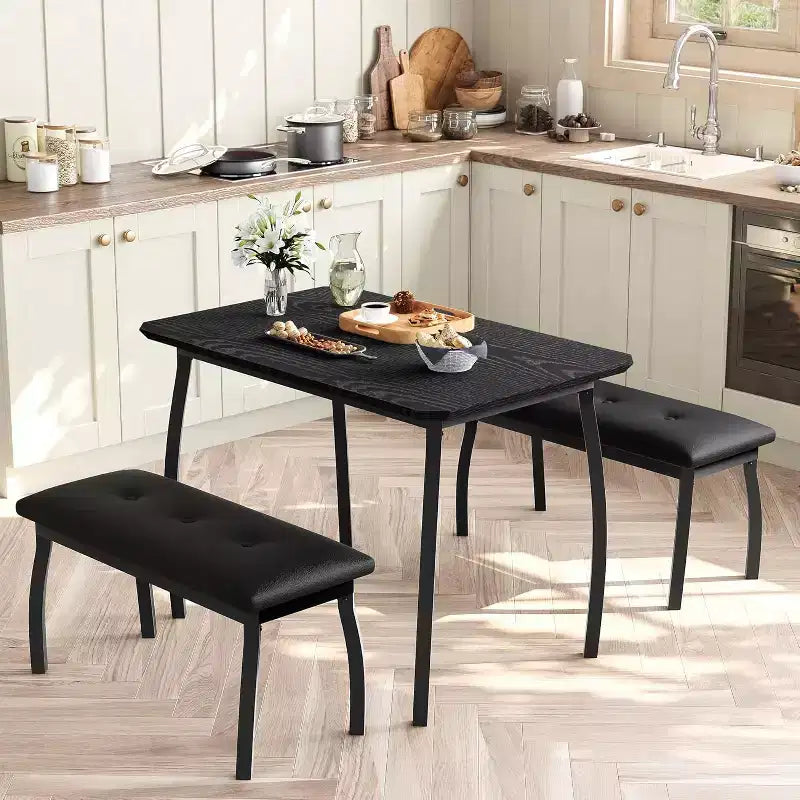 Ensemble table à manger CuisinSmart pour 4, table de cuisine avec 2 bancs rembourrés, ensemble de salle à manger 3 pièces pour petit espace