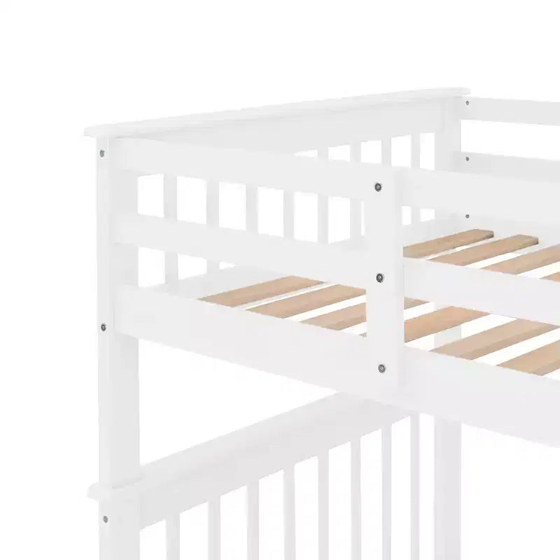 Lit superposé jumeau sur jumeau avec escalier, rangement et barrière de sécurité pour chambre à coucher, dortoir, couleur blanche