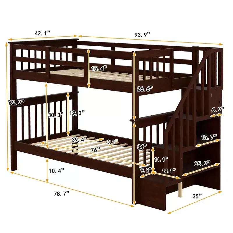 Lit superposé jumeau sur jumeau avec escalier, rangement et barrière de sécurité pour chambre à coucher, dortoir, couleur blanche
