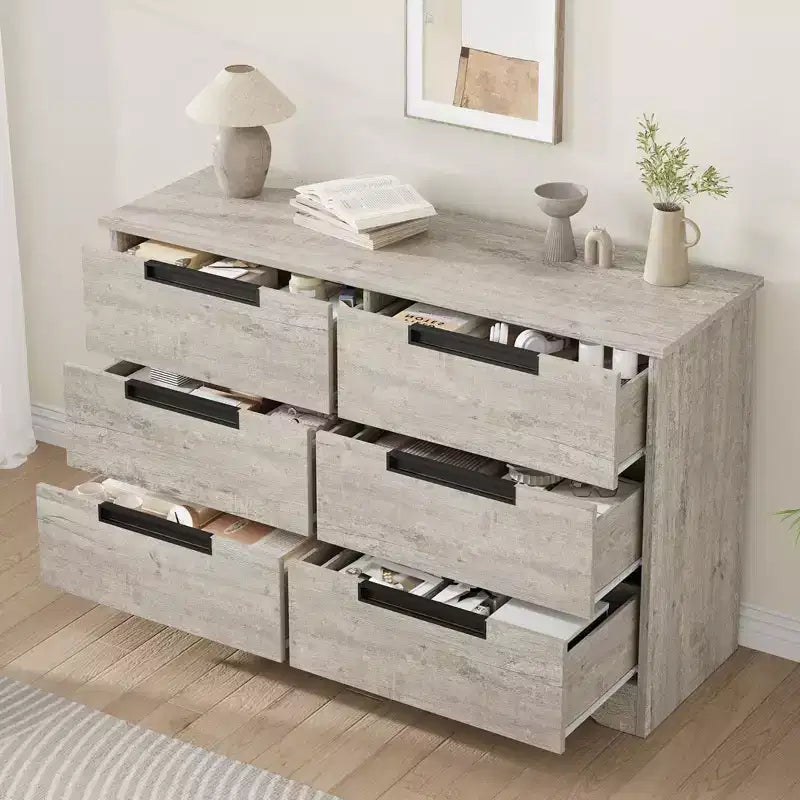 Commode TROPOW 6 tiroirs pour chambre à coucher, organiseur double moderne avec poignées encastrées, commode en bois pour salon
