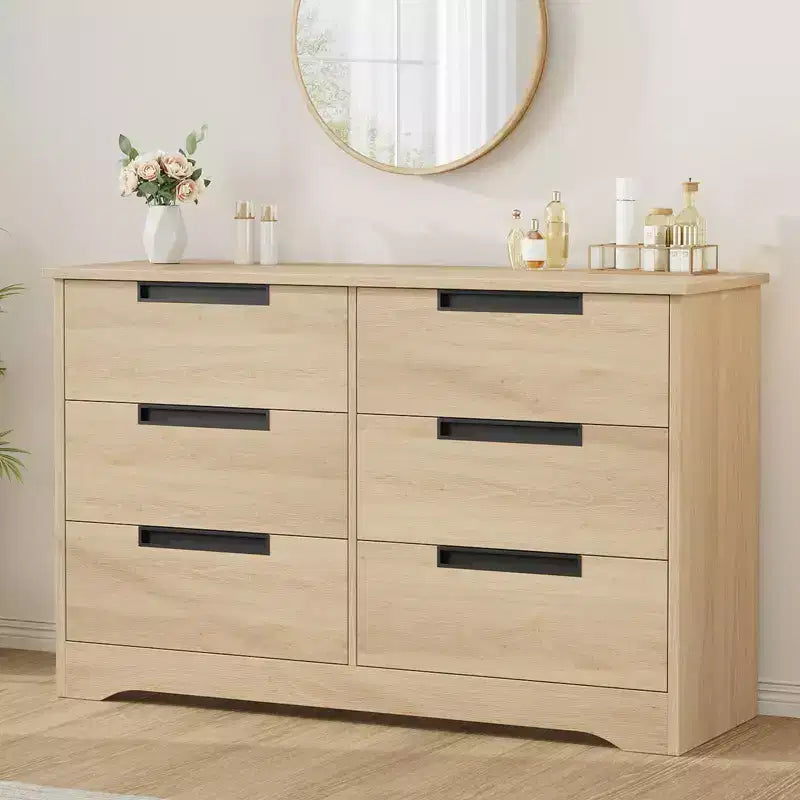 Commode TROPOW 6 tiroirs pour chambre à coucher, organiseur double moderne avec poignées encastrées, commode en bois pour salon