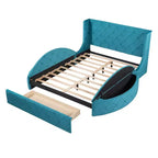 Lit plateforme rembourré grand format avec rangement, velours, tête de lit à oreilles et 1 grand tiroir, 2 tabourets de rangement latéraux (bleu)