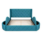 Lit plateforme rembourré grand format avec rangement, velours, tête de lit à oreilles et 1 grand tiroir, 2 tabourets de rangement latéraux (bleu)