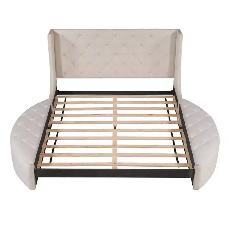 Lit plateforme rembourré grand format avec rangement, velours, tête de lit à oreilles et 1 grand tiroir, 2 tabourets de rangement latéraux (bleu)
