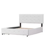 Lit plateforme capitonné avec tête de lit classique et 4 tiroirs - Aucun sommier requis - Tissu en lin - Grand lit (Queen) - Beige