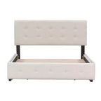Lit plateforme capitonné avec tête de lit classique et 4 tiroirs - Aucun sommier requis - Tissu en lin - Grand lit (Queen) - Beige