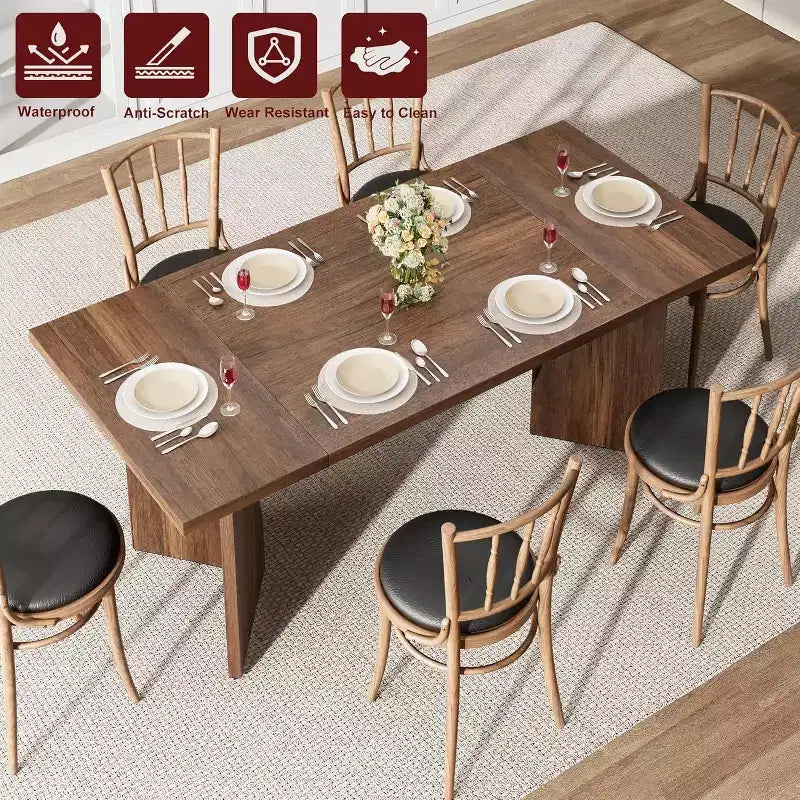 Table de salle à manger CuisinSmart 70,9 pouces pour 6 personnes, table de cuisine rectangulaire de style ferme avec cadre robuste et pieds en V, bureau épais en bois
