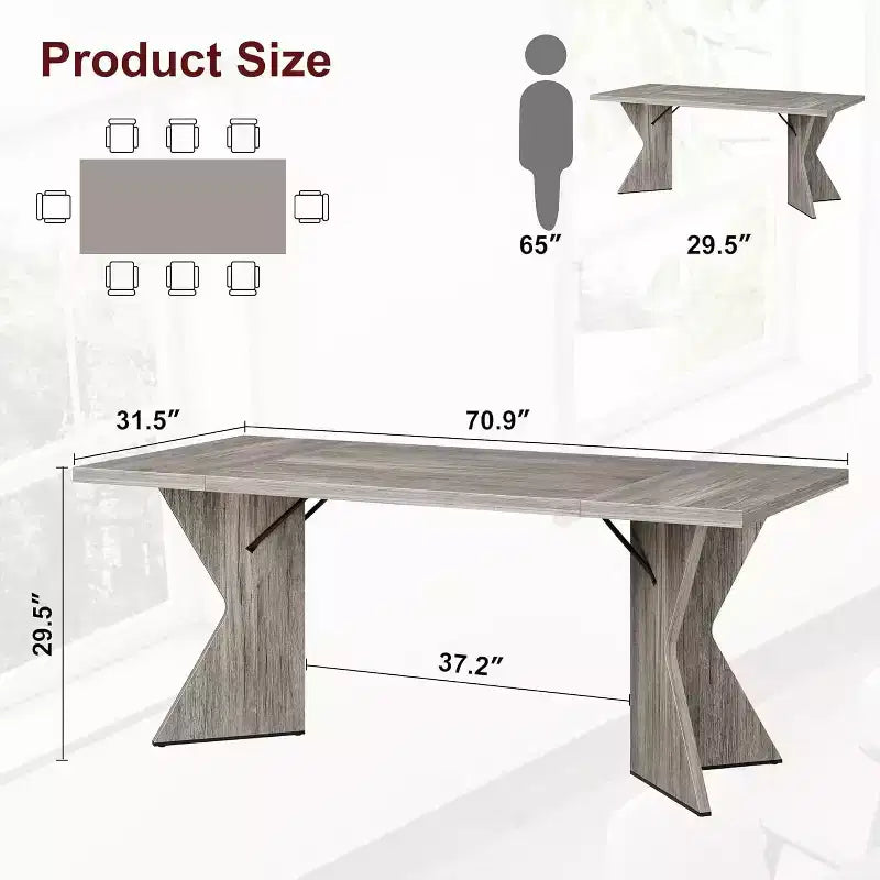 Table de salle à manger CuisinSmart 70,9 pouces pour 6 personnes, table de cuisine rectangulaire de style ferme avec cadre robuste et pieds en V, bureau épais en bois