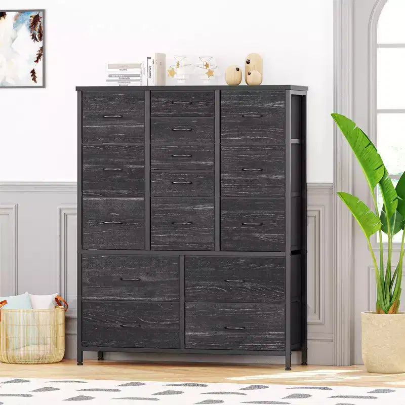 Commode à 15 Tiroirs, Commode de Rangement avec Plateau en Bois, Cadre en Métal, Unité de Rangement en Tissu, Grande Commode pour Chambre, Salon, Couloir