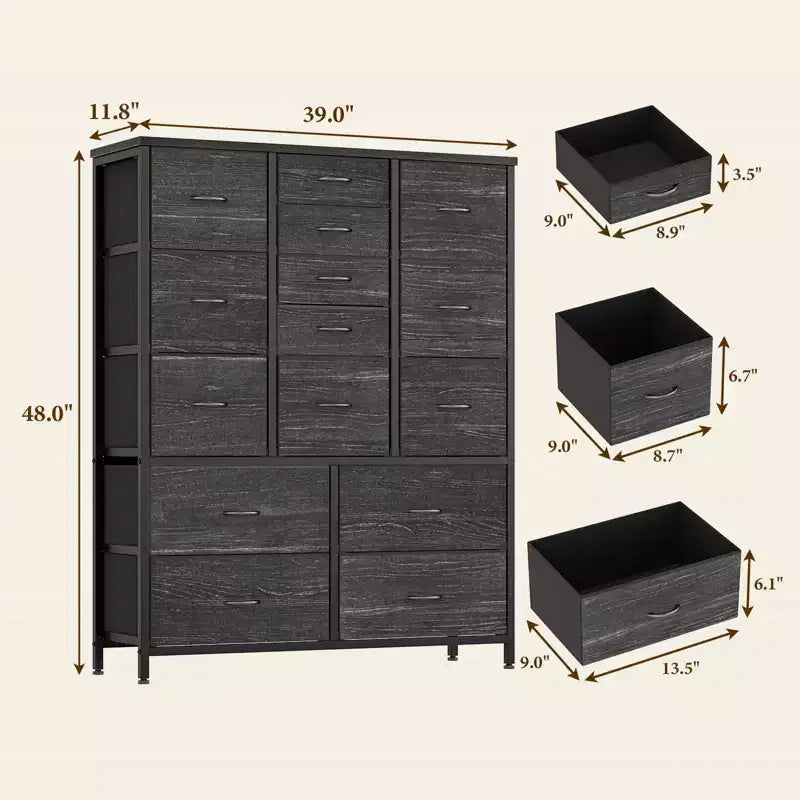 Commode à 15 Tiroirs, Commode de Rangement avec Plateau en Bois, Cadre en Métal, Unité de Rangement en Tissu, Grande Commode pour Chambre, Salon, Couloir