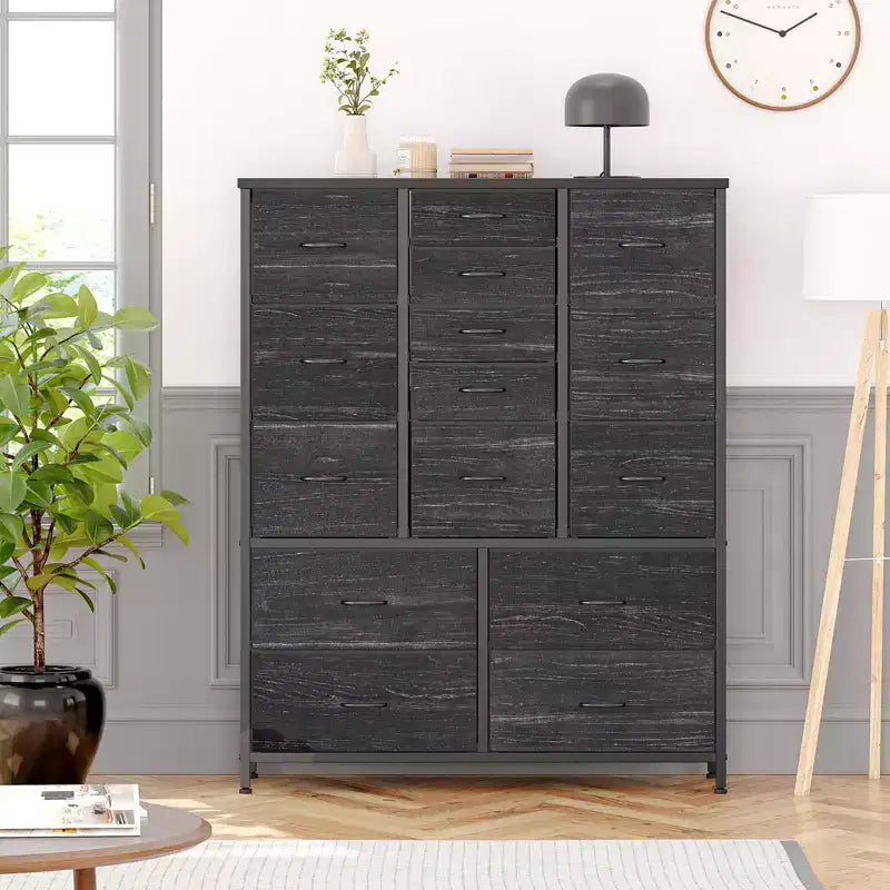 Commode à 15 Tiroirs, Commode de Rangement avec Plateau en Bois, Cadre en Métal, Unité de Rangement en Tissu, Grande Commode pour Chambre, Salon, Couloir