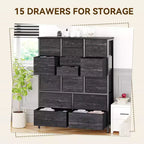 Commode à 15 Tiroirs, Commode de Rangement avec Plateau en Bois, Cadre en Métal, Unité de Rangement en Tissu, Grande Commode pour Chambre, Salon, Couloir